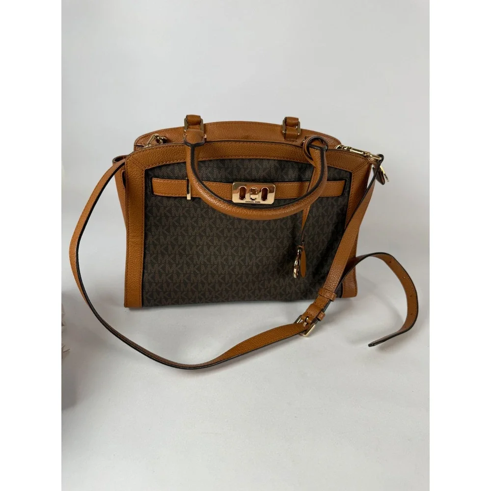 Michael Kors Karson‎ Satchel Brown Signature MK Logo Acorn Leather Handbag